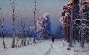 Figure Walking Through A Snowy Forest Landscape
