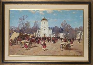 A Market Scene In Front Of A Church by Stepan Feodorovich Kolesnikov
