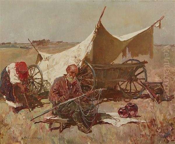 Old Man Mending A Net - view 1