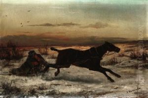 Die Flucht. Soldat Auf Einem Pferdeschlitten In Verschneiter Tundra