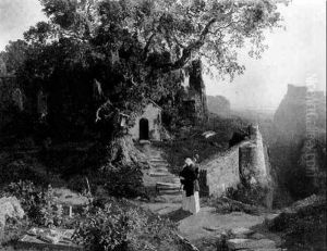 Italienische Berglandschaft Mit Einem Monch Vor Einer Einsiedelei