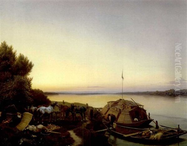 Nachtliche Rast Der Schiffer Mit Den Treidelpferden Mit Vor Anker Liegendem Boot - view 1