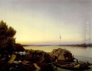 Nachtliche Rast Der Schiffer Mit Den Treidelpferden Mit Vor Anker Liegendem Boot by Johann Caspar Koeller