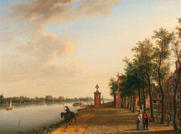 Stadtpromenade Mit Einem Ehepaar Und Einem Reiter Am Kanal Bei Sloterdijk - view 1