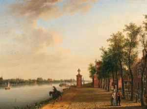 Stadtpromenade Mit Einem Ehepaar Und Einem Reiter Am Kanal Bei Sloterdijk