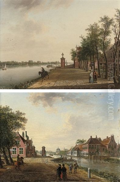 A Figure On Horseback And Others By A Canal (+ Figures Strolling By A Canal; Pair) - view 1
