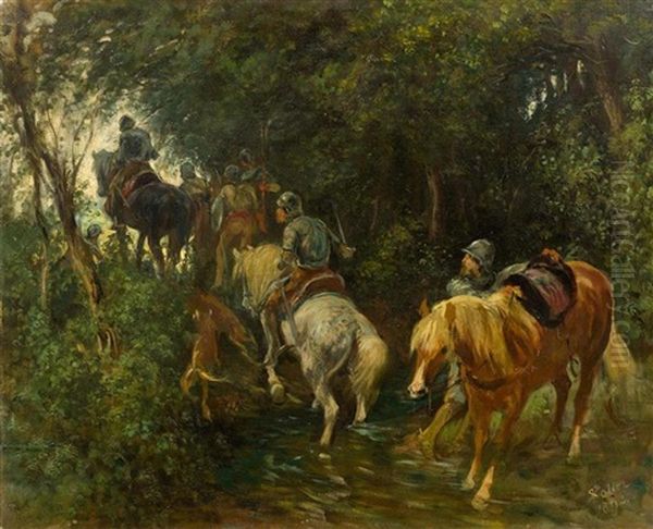 Soldiers On Horseback On A Forest Path - view 1