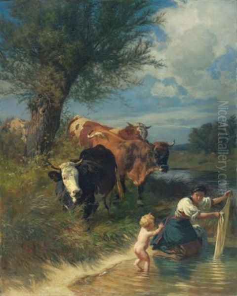 Kuhe Und Wascherin Am Bach (cows And Washerwoman Near A Brook) - view 1