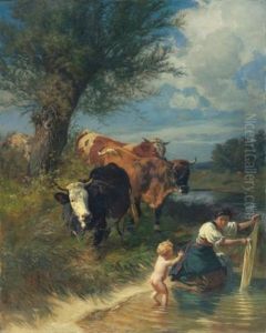 Kuhe Und Wascherin Am Bach (cows And Washerwoman Near A Brook)