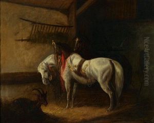 Zwei Pferde Und Ziege Im Stall