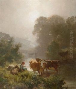 Landschaft Mit Kuhen Und Einer Magd Am Fluss by Johann Rudolf Koller