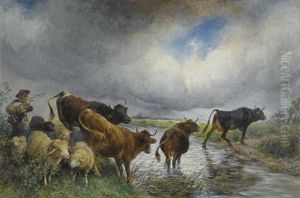 Herde Beim Uberqueren Der Furt by Johann Rudolf Koller