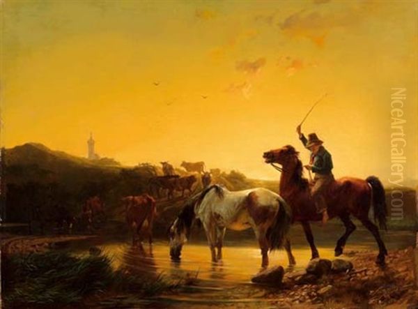 Hirt Zu Pferd Mit Seiner Herde An Einer Furt - view 1