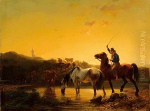 Hirt Zu Pferd Mit Seiner Herde An Einer Furt
