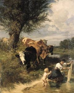 Kuhe Und Wascherin Am Bach by Johann Rudolf Koller