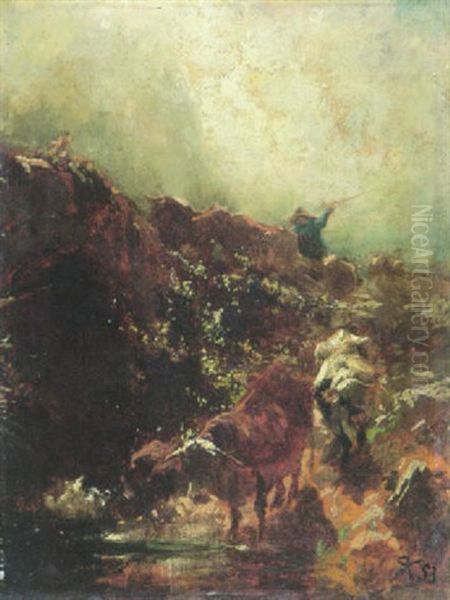 Kuhtreiber Mit Zwei Kuhen An Einem Bach - view 1