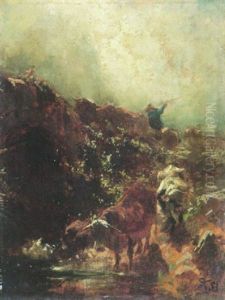 Kuhtreiber Mit Zwei Kuhen An Einem Bach