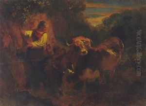 Hirten Und Knabe Mit Kuhen Und Schafen by Johann Rudolf Koller