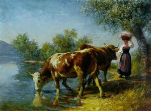 Bauernmadchen Mit Zwei Kuhen Am Seeufer by Johann Rudolf Koller