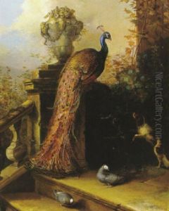 A Peacock On A Banister With A Spaniel Barking By A Chair And Objects And Two Pigeons On The Stairs Nearby by Johann Rudolf Koller