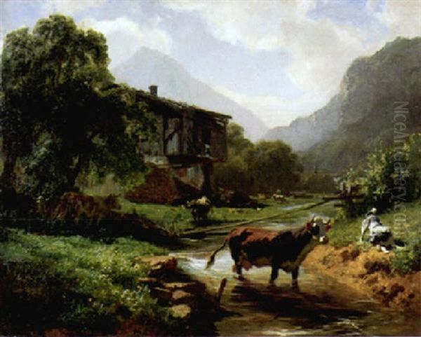 Landschaft Mit Kuh Und Hund. Im Hintergrund Ein Kleines Haus Mit Mutter Und Kind - view 1