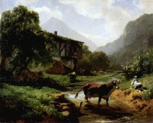 Landschaft Mit Kuh Und Hund. Im Hintergrund Ein Kleines Haus Mit Mutter Und Kind by Johann Rudolf Koller