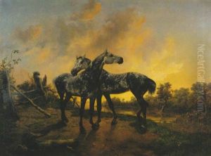 Zwei Apfelschimmel Bei Sonnenuntergang by Johann Rudolf Koller