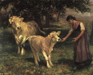 Bauerinmit Kalb Und Kuh