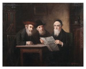 Trois Rabbins Lisant Le Journal by Lajos Koloszvary
