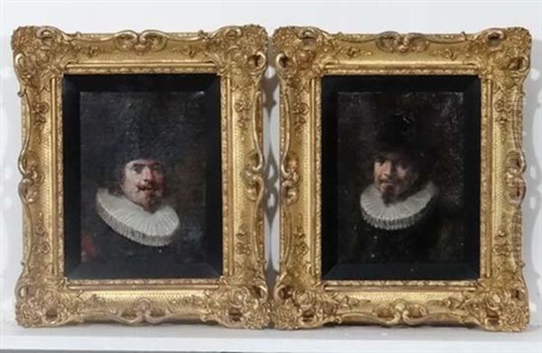 Portrait Figures Wearing Ruffs And Hats (pair) - view 1