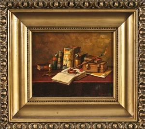 Stillleben Mit Buchern Und Lesepfeife by Lajos Koloszvary