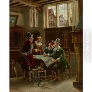 Vier Herren Beim Studium Der Landkarte by Lajos Kolozsvary