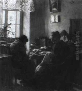 Interior With Women Sewing by Ferenc Komlosy