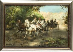 Zwei Pferdewagen Reiten In Einen Wald Hinein by Jan Konarski