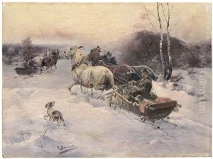 Winterlandschaft Mit Pferdeschlitten Im Abendlicht by Jan Konarski