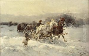 Zwei Pferdeschlittengespanne In Winterlicher Landschaft