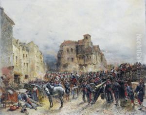 Army Advancing Through A Ruined Town by Wilfred Constant Beauquesne