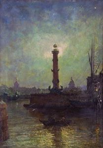 Nachtlicher Blick Auf Die Rostrasaule Der Wassiljewski-insel In St. Petersburg by Gavril Pavlovich Kondratenko