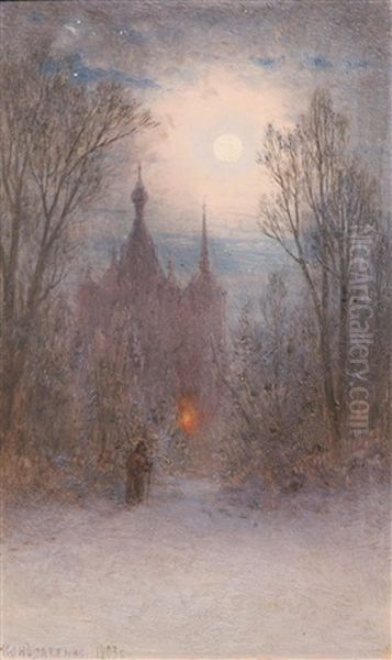 Moonlit Winter Evening With Solitary Figure - view 1