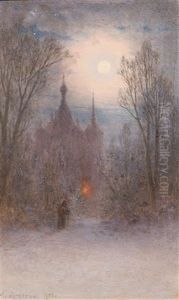 Moonlit Winter Evening With Solitary Figure by Gavril Pavlovich Kondratenko