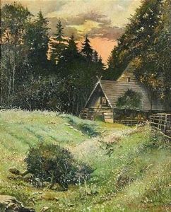 Landschaft Mit Bauernhaus Am Waldrand Bei Sonnenuntergang