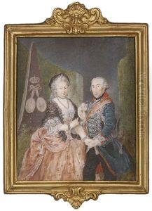 The Prussian Royal Silver Wedding Anniversary Portrait: Frederick The Great, King Of Prussia Presenting A Posy Of Pink Roses And Holding The Hand Of His Wife Elisabeth Christine Of Brunswick-bevern by Anton Friedrich Koenig