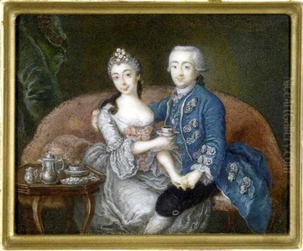 A Couple Seated On A Red Upholstered Sofa, The Gentleman Holding The Lady's Left Hand And His Right Arm Around Her Shoulders...she, Holding A Cup And Saucer - view 1