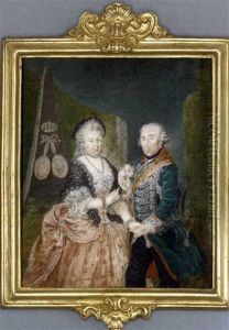 The Prussian Royal Silver Wedding Anniversary Portrait: Frederick The Great King Of Prussia Presenting A Posy Of Pink Roses, Holding The Right Hand Of His Wife, Elisabeth Christine Of Brunswick-bevern by Anton Friedrich Koenig
