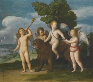 Four Putti With A Lion And Other Symbols Of The Resurrection by Johann (Hans) Konig