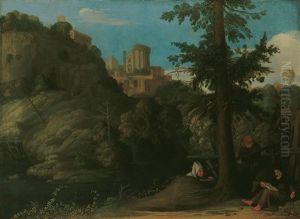 Landschaft Bei Tivoli Mit Drei Eremiten by Johann (Hans) Konig