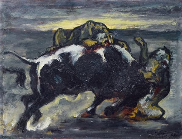 A Bull Fighting Against Two Tigers - view 1