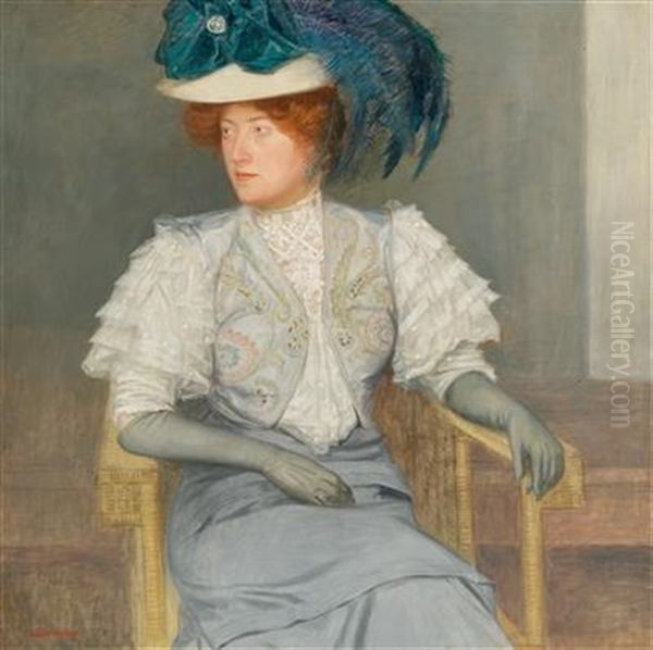 Portrait Of A Lady With A Green Feathered Hat And A Bow - view 1