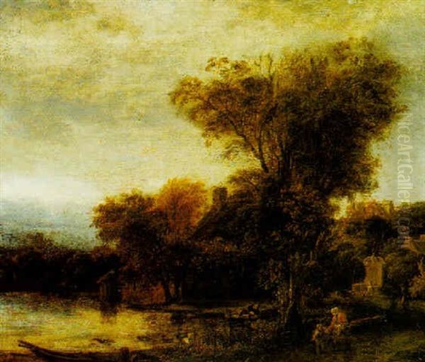 Wooded River Landscape With A Mother And Child On A Path - view 1