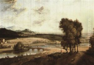 Extensive Landscape With A River And Mountains In The Distance by Jacob Koninck the Elder